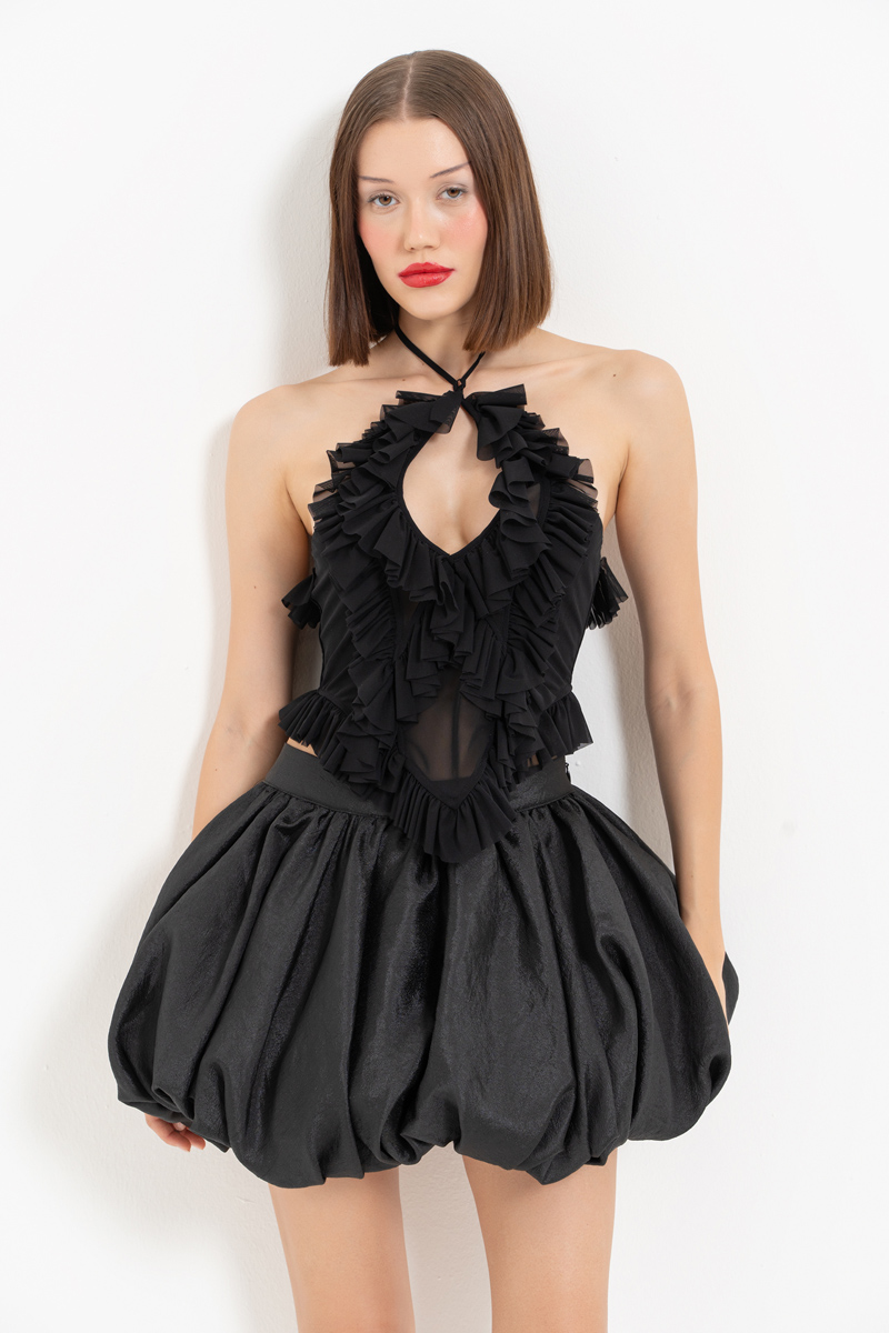 Black Ruffle-Trim Halter Mesh Top