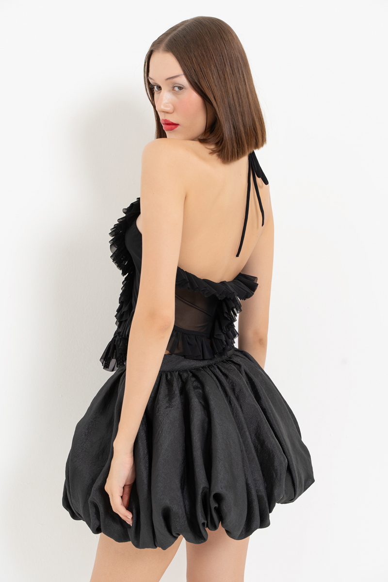 Black Ruffle-Trim Halter Mesh Top