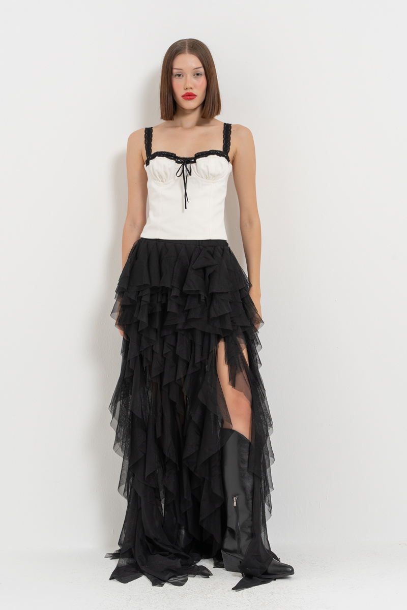 Black Tiered-Ruffle Mesh Skirt