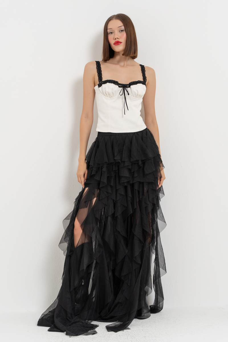 Black Tiered-Ruffle Mesh Skirt