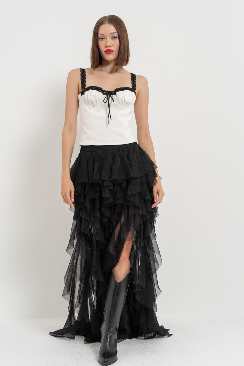 Black Tiered-Ruffle Mesh Skirt