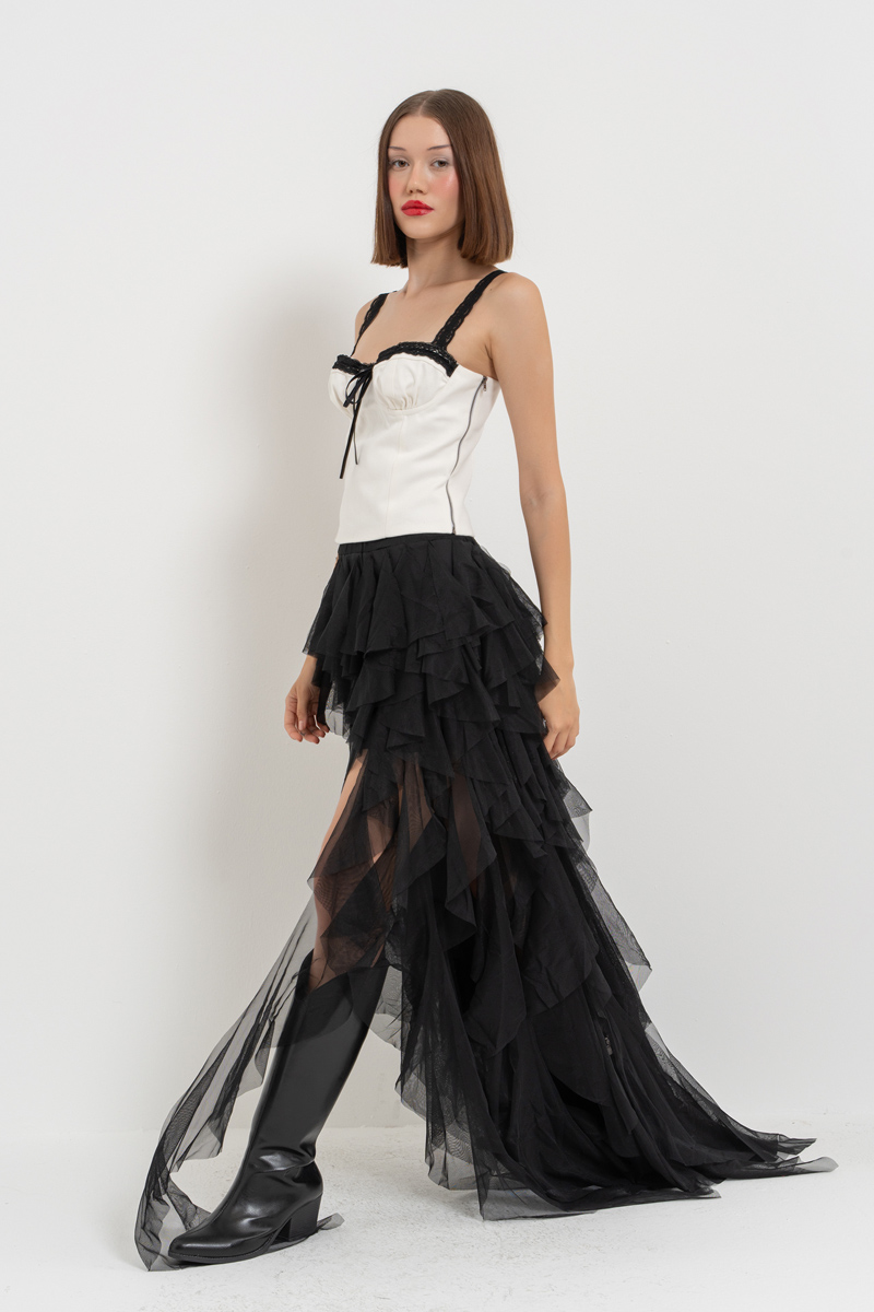 Black Tiered-Ruffle Mesh Skirt