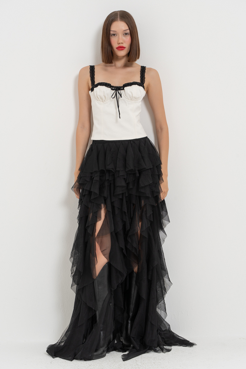 Black Tiered-Ruffle Mesh Skirt