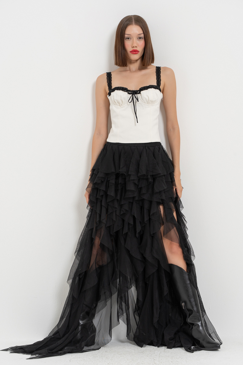 Black Tiered-Ruffle Mesh Skirt