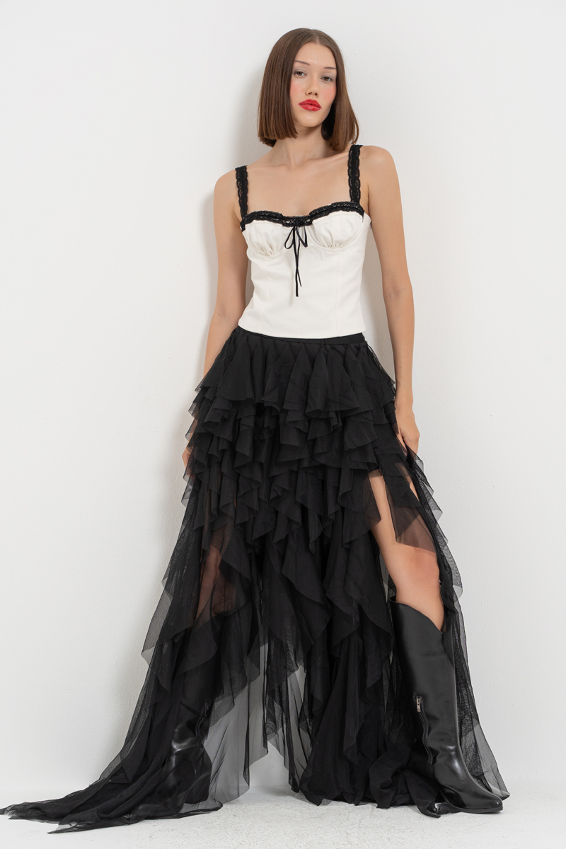 Black Tiered-Ruffle Mesh Skirt