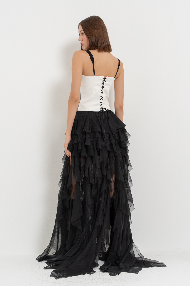 Black Tiered-Ruffle Mesh Skirt