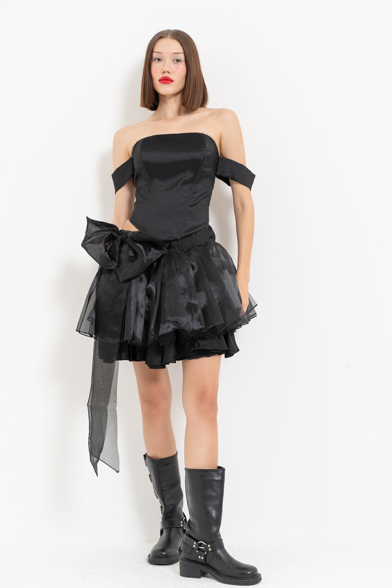 Black Bow-Accent Organza Mini Skirt