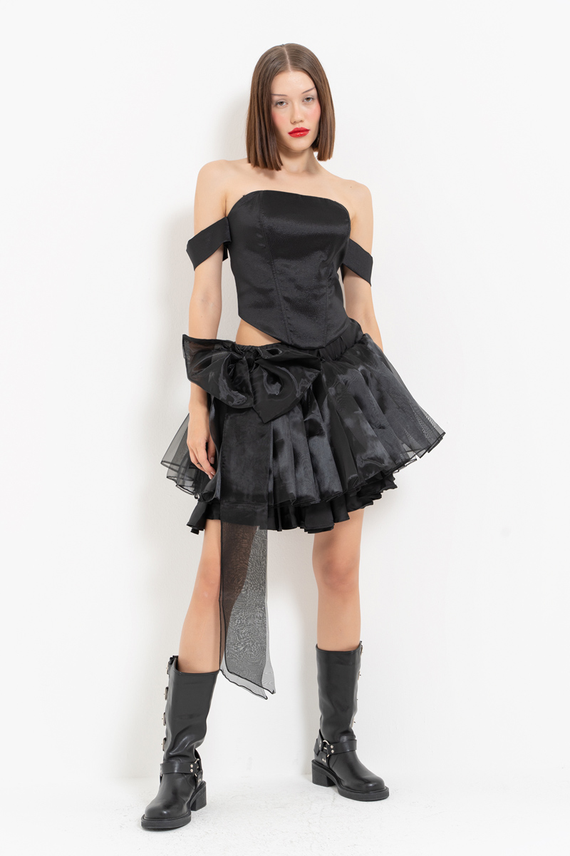 Black Bow-Accent Organza Mini Skirt