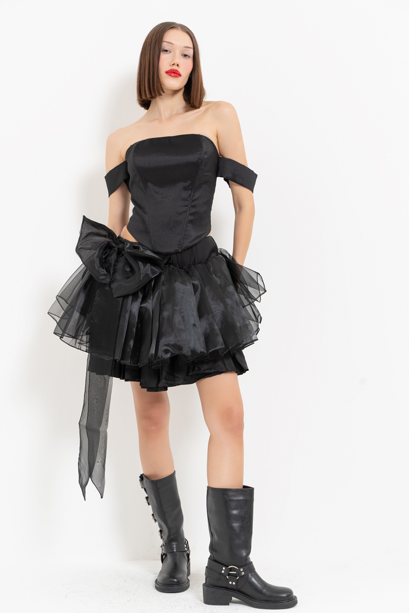 Black Bow-Accent Organza Mini Skirt