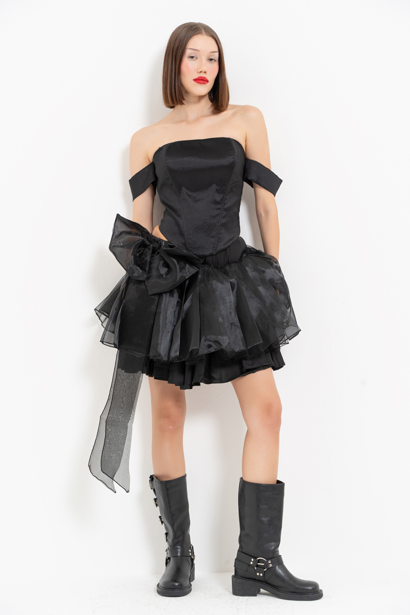 Black Bow-Accent Organza Mini Skirt