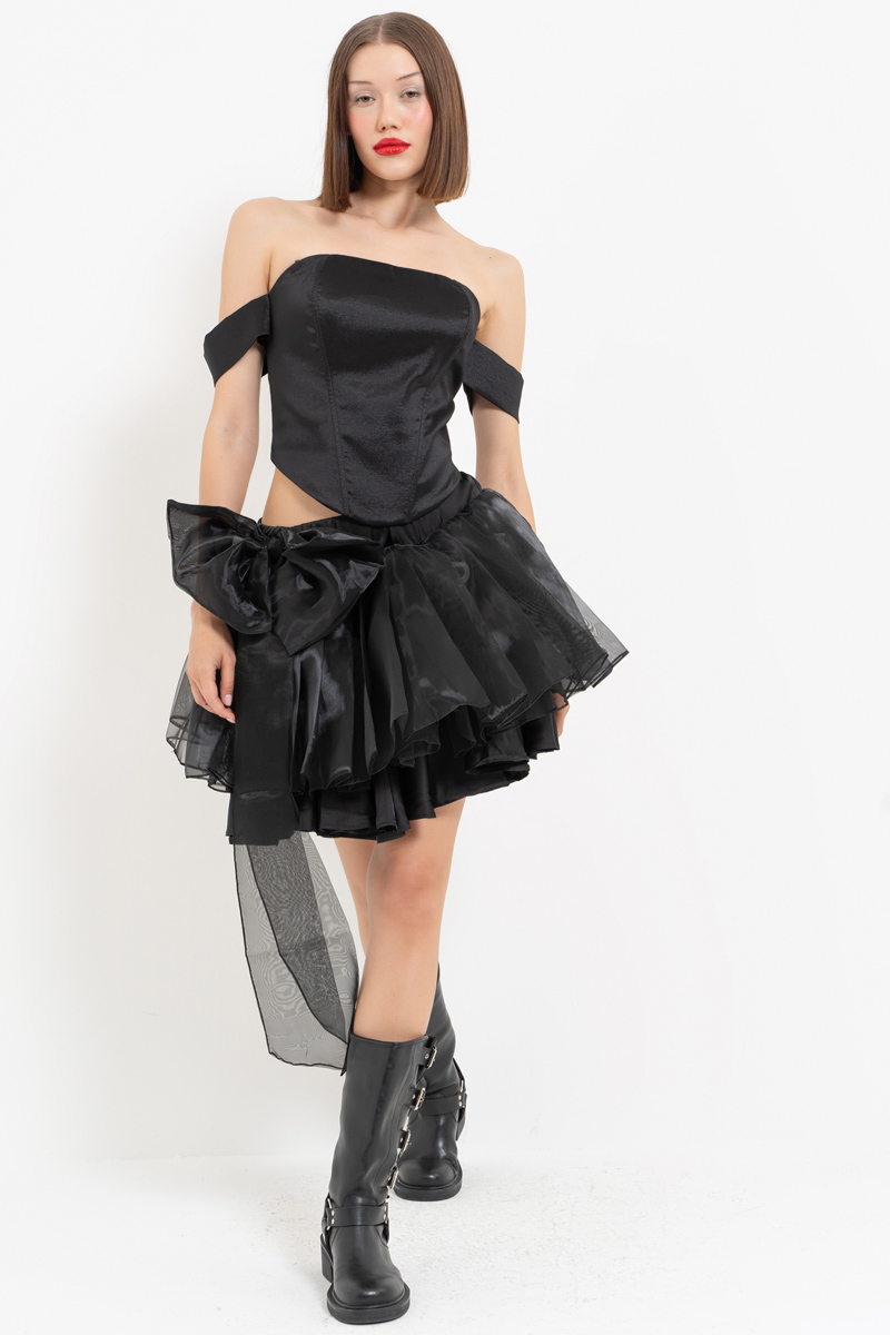 Black Bow-Accent Organza Mini Skirt