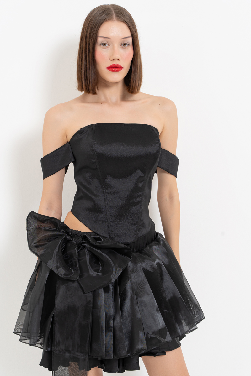 Black Bow-Accent Organza Mini Skirt