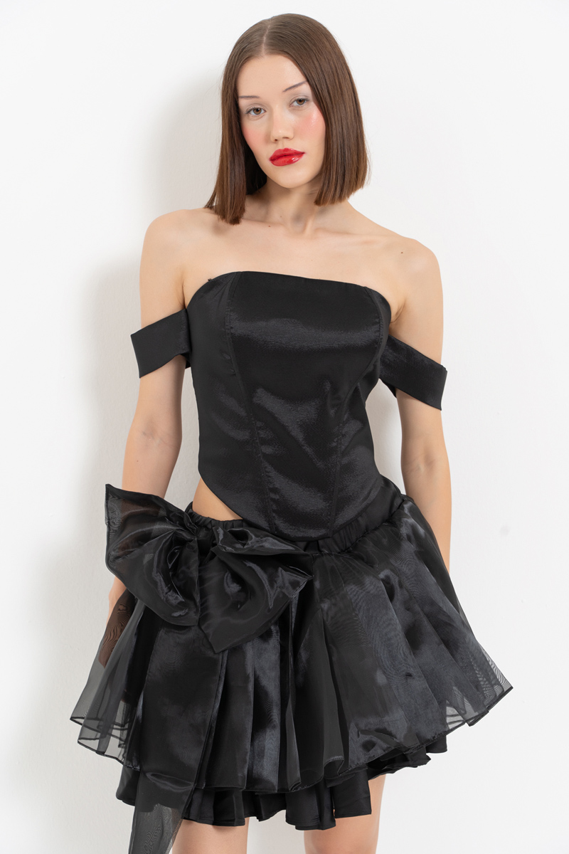 Black Bow-Accent Organza Mini Skirt