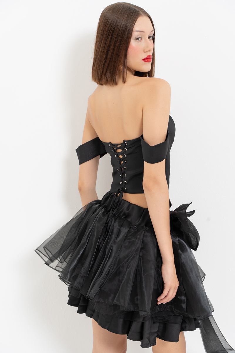 Black Bow-Accent Organza Mini Skirt