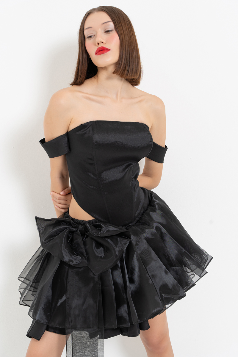 Black Bow-Accent Organza Mini Skirt