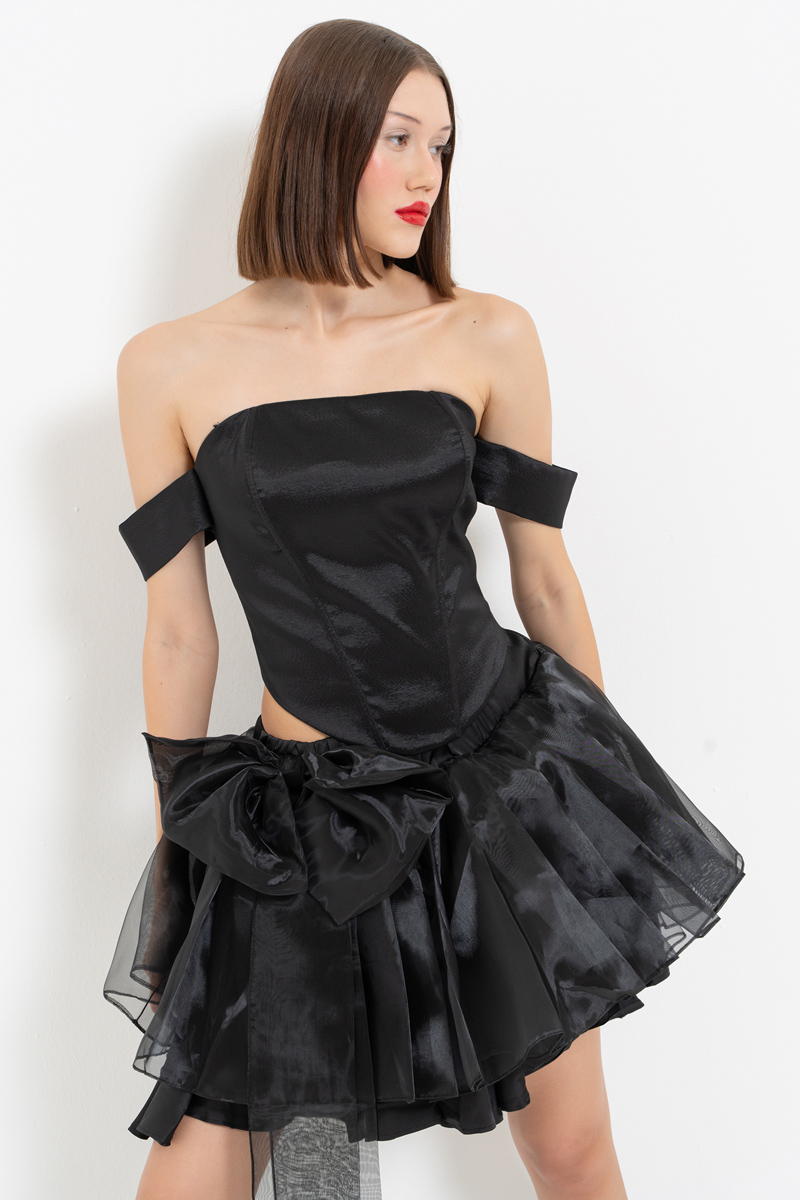 Black Bow-Accent Organza Mini Skirt