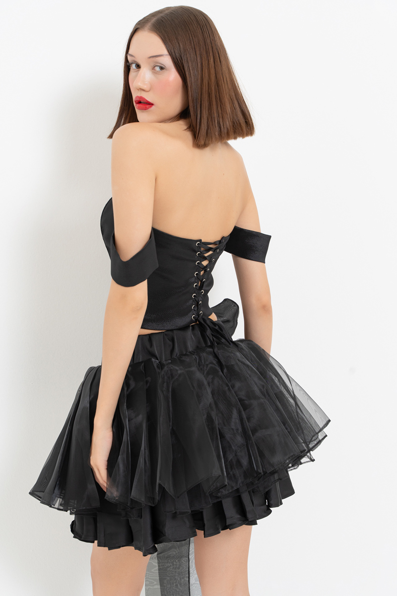 Black Bow-Accent Organza Mini Skirt