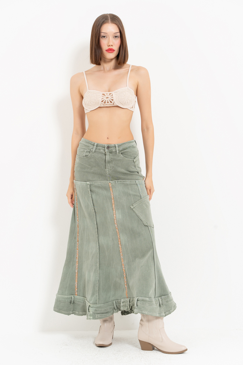 Green Pieced Denim Maxi Skirt