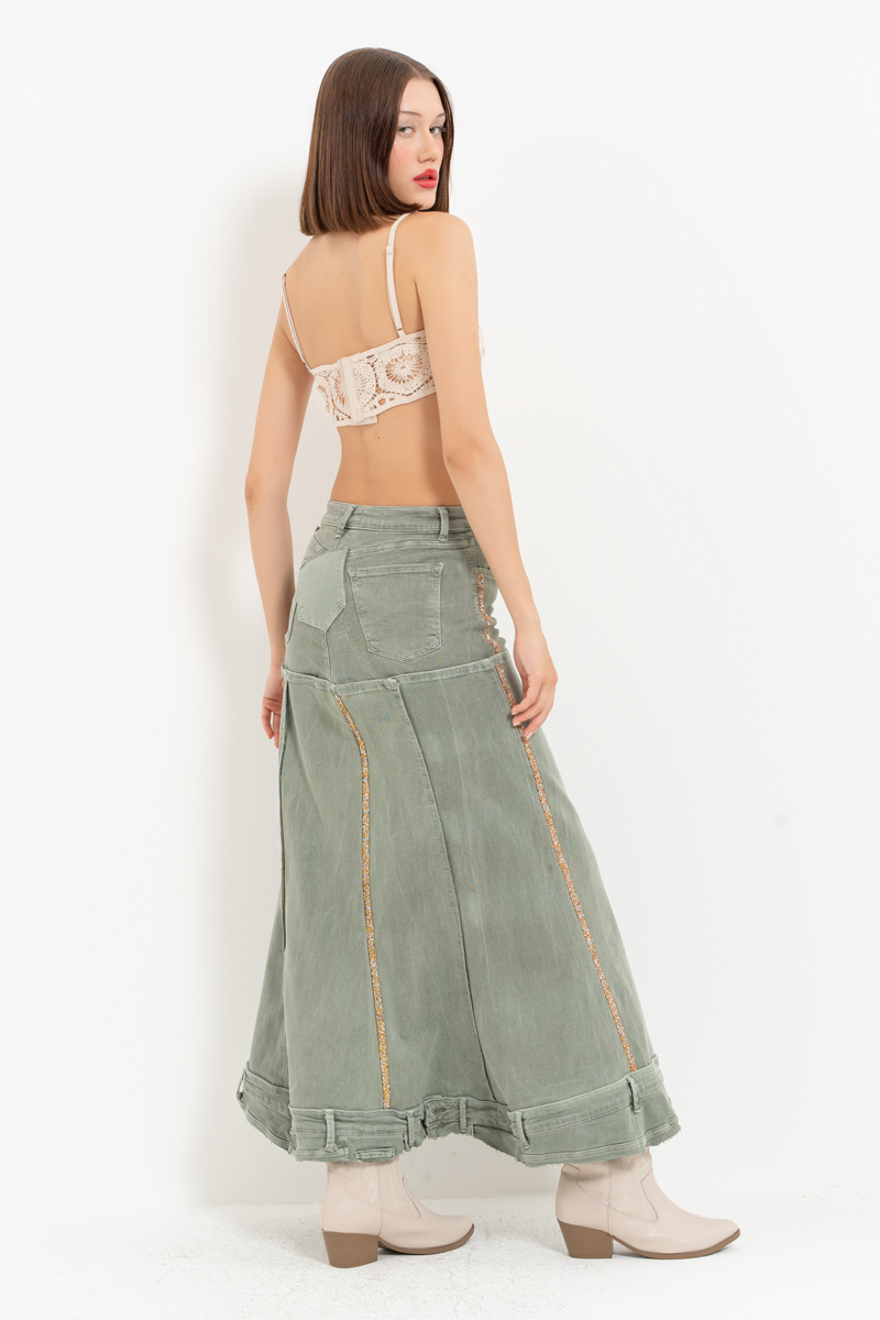 Green Pieced Denim Maxi Skirt