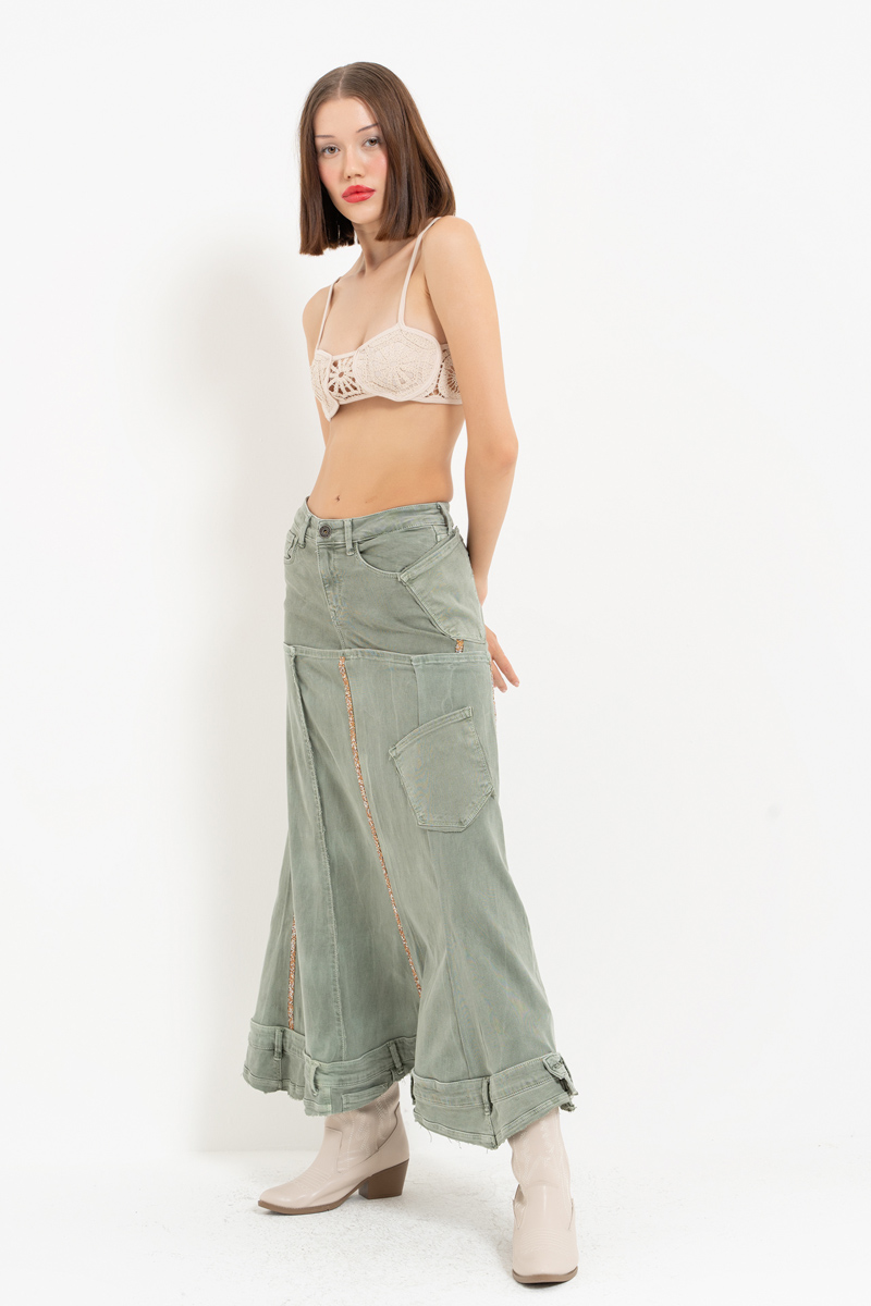 Green Pieced Denim Maxi Skirt