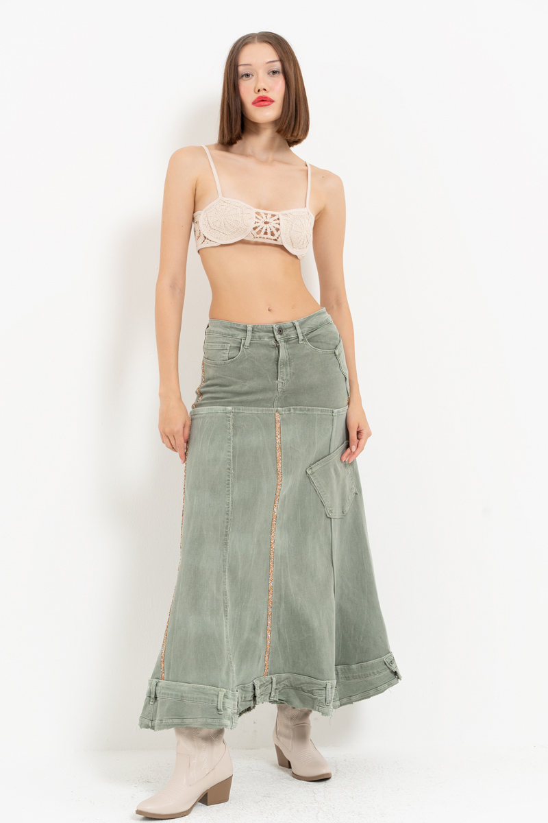 Green Pieced Denim Maxi Skirt