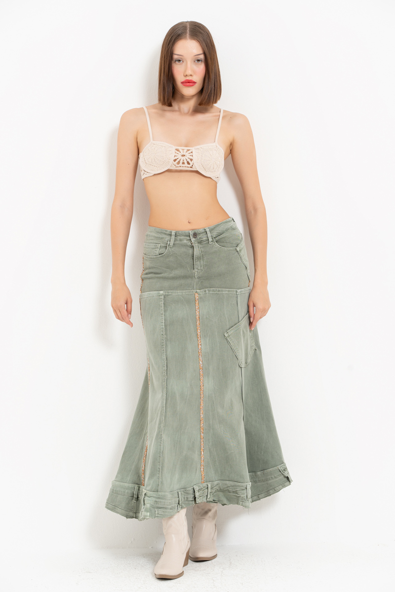 Green Pieced Denim Maxi Skirt