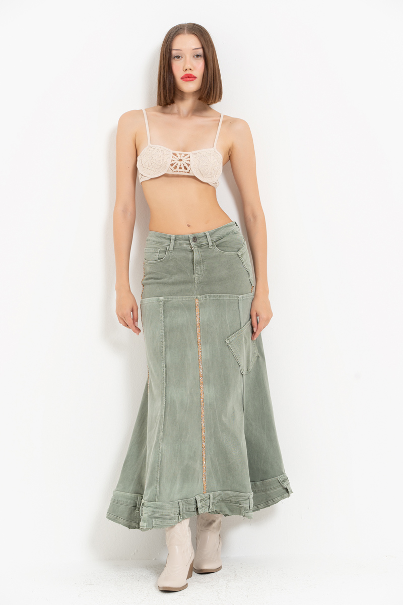 Green Pieced Denim Maxi Skirt