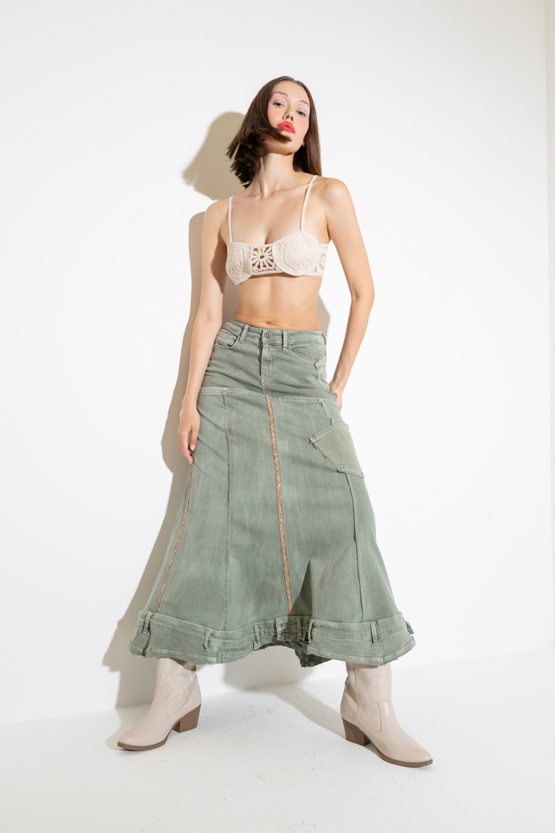 Green Pieced Denim Maxi Skirt