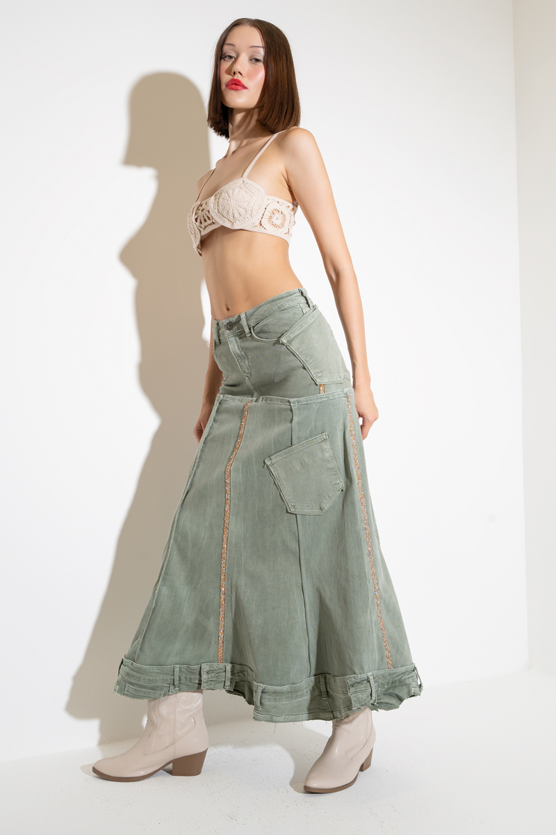 Green Pieced Denim Maxi Skirt