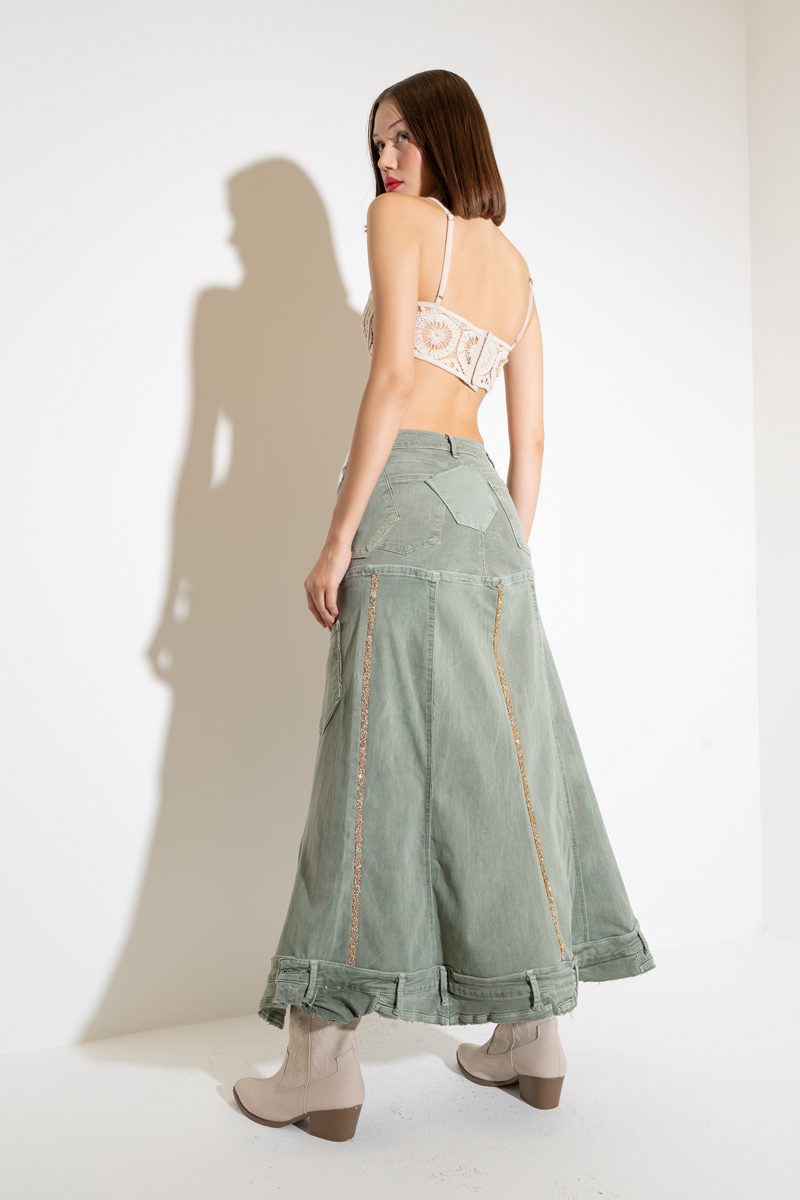 Green Pieced Denim Maxi Skirt