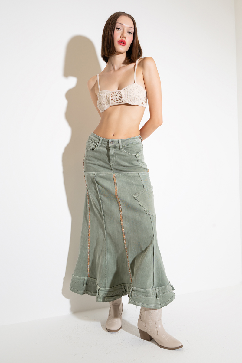 Green Pieced Denim Maxi Skirt