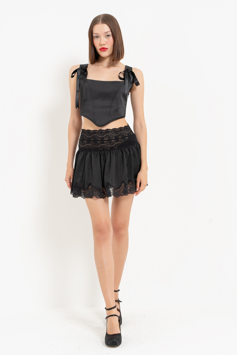 Black Lace-Insert Chiffon Mini Skirt