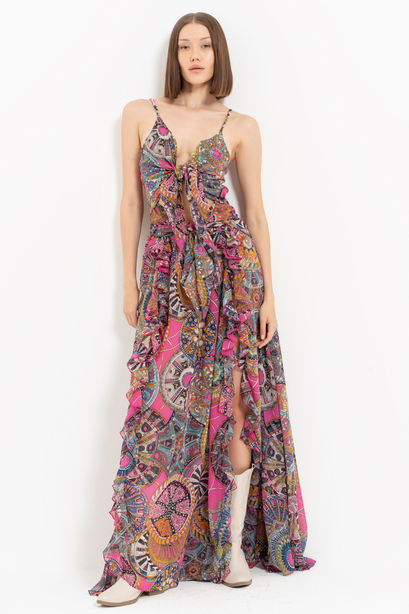 Green + Fuschia Printed Mesh Cami Dress