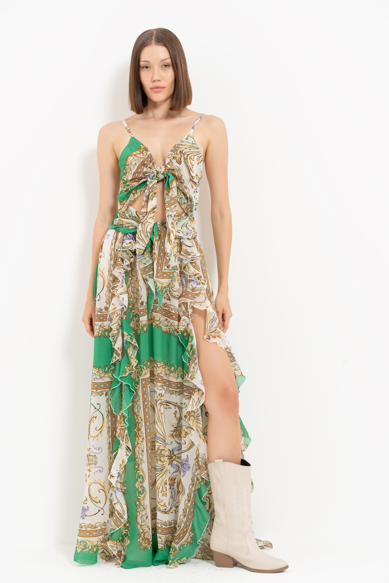 Offwhite Green Printed Mesh Cami Dress