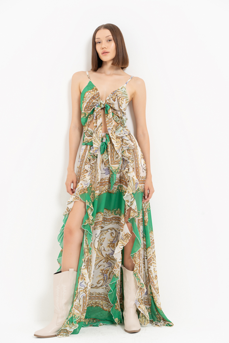 Offwhite Green Printed Mesh Cami Dress