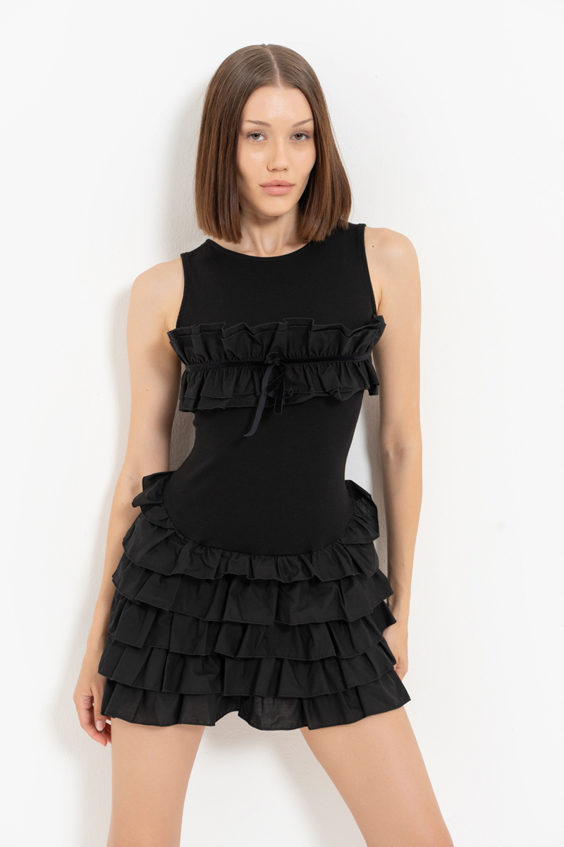 Black Crisscross-Back Ruffle-Trim Mini Dress