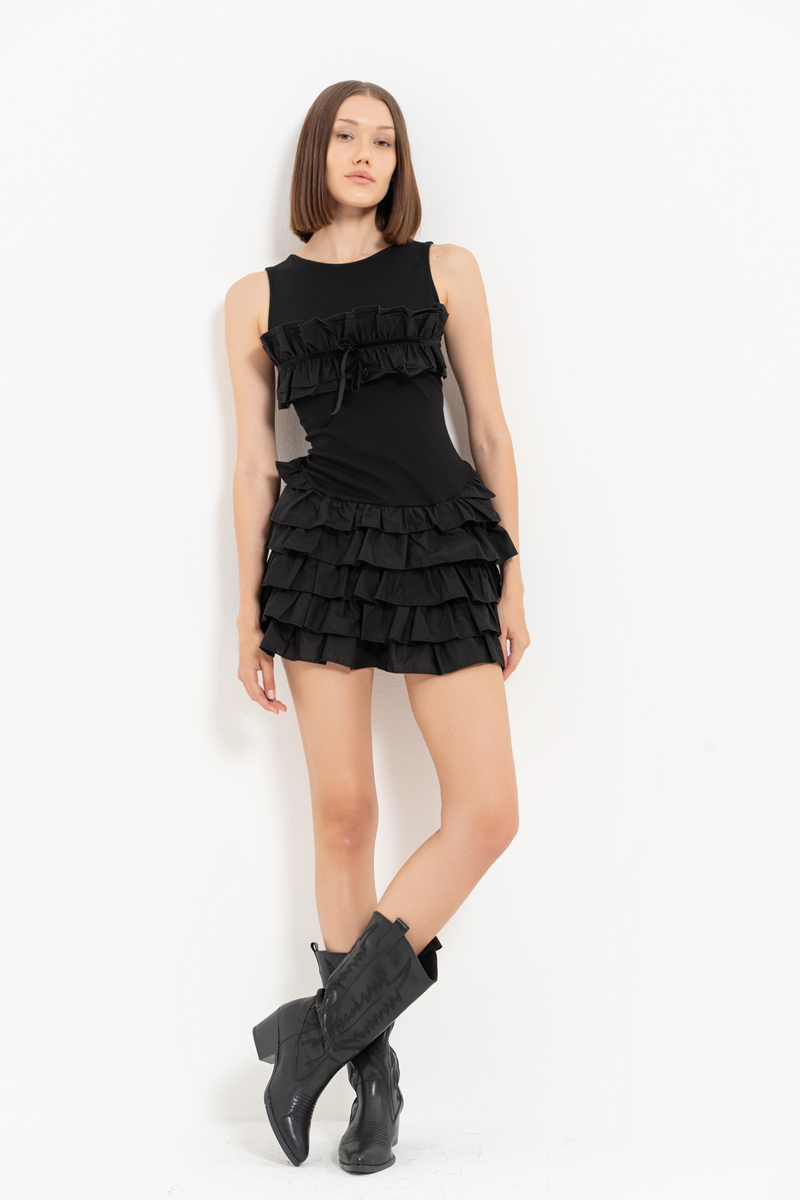 Black Crisscross-Back Ruffle-Trim Mini Dress