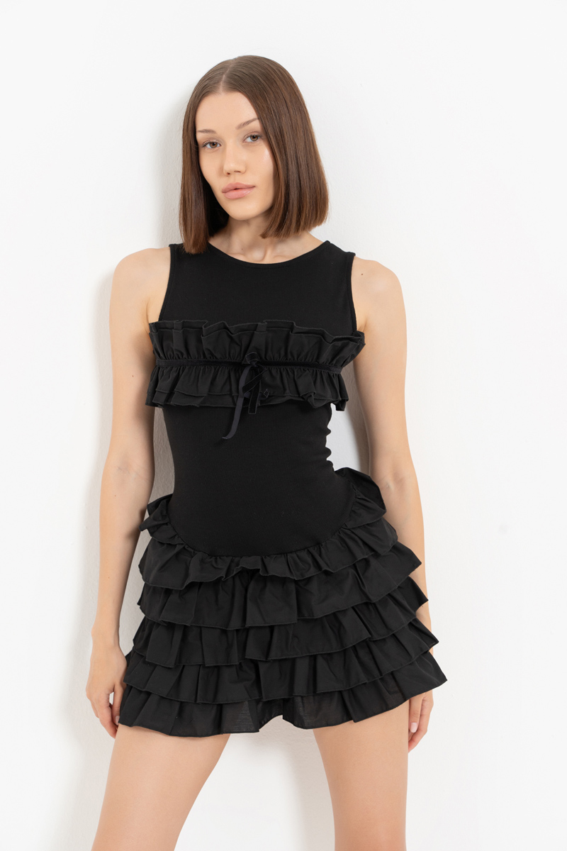 Black Crisscross-Back Ruffle-Trim Mini Dress