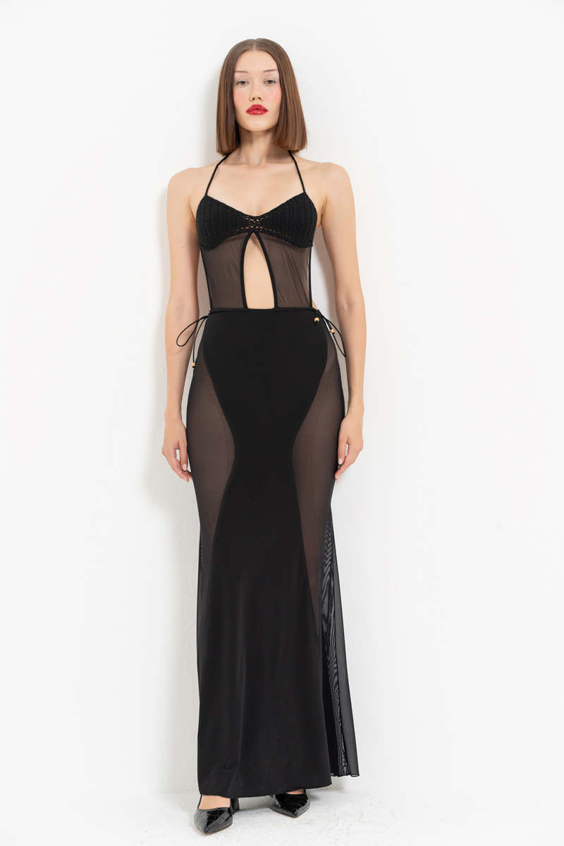 Black Tie-Accent Cut Out Mesh Dress