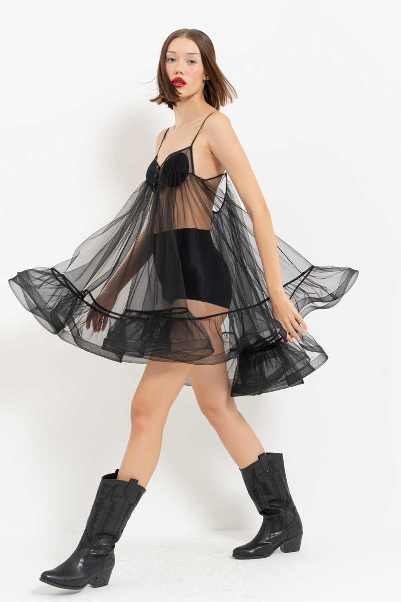 Sheer Black Tulle Cami Dress