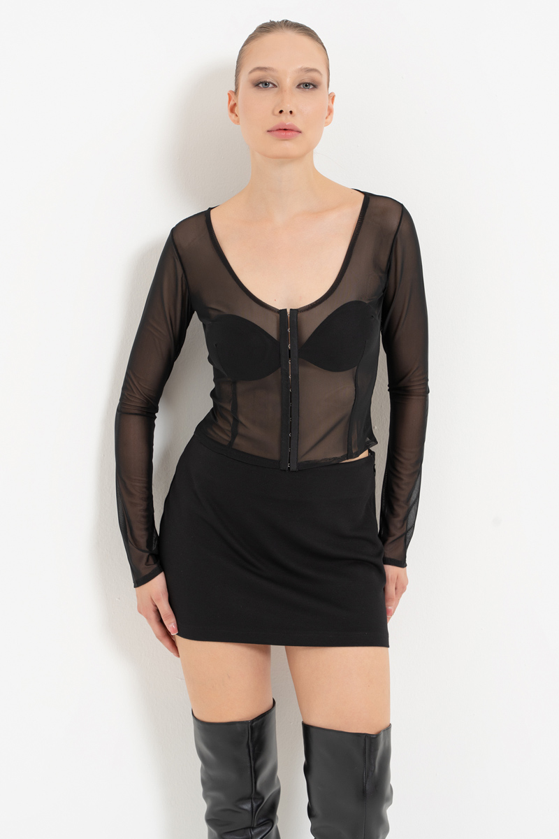 Sheer Black Hook-and-Eye Mesh Top