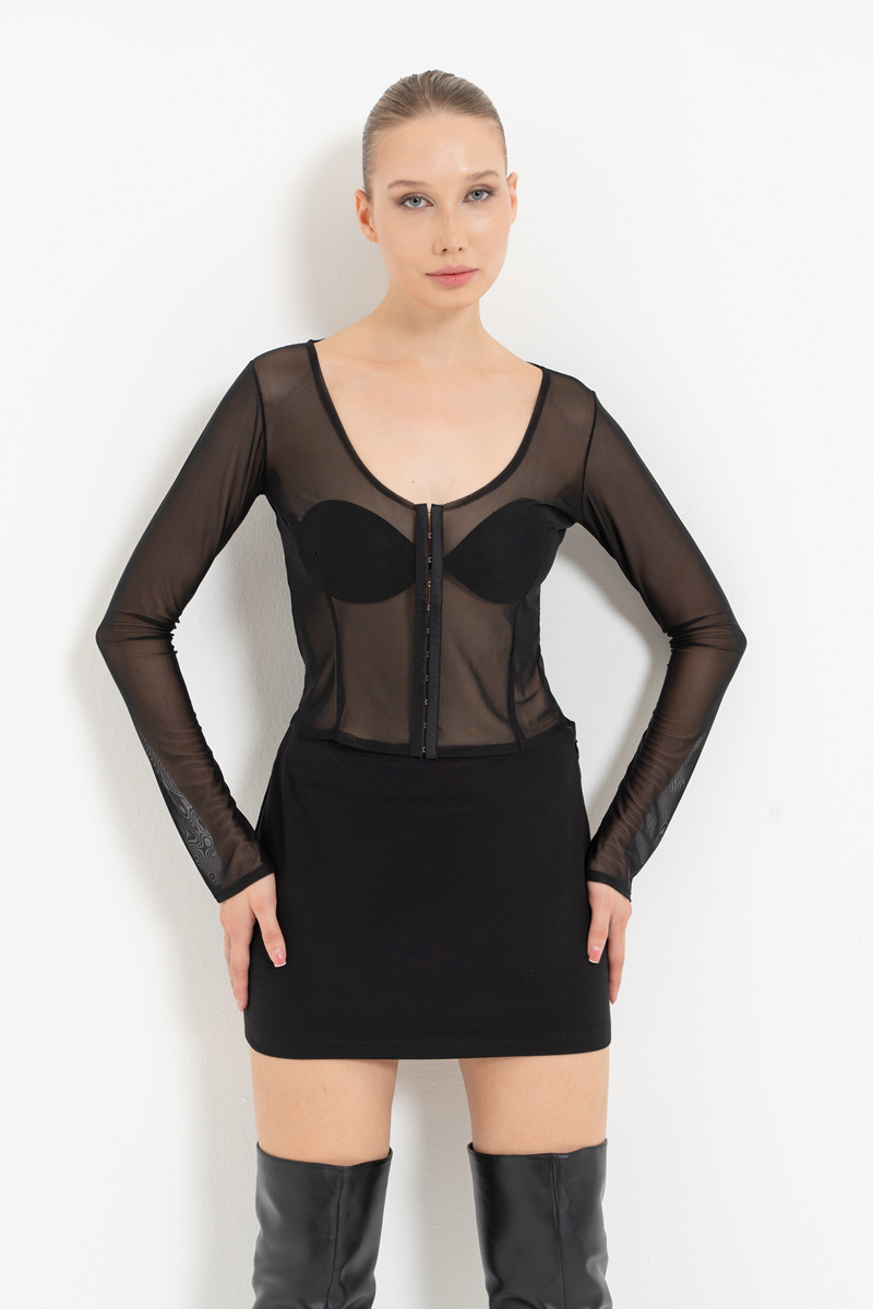 Sheer Black Hook-and-Eye Mesh Top