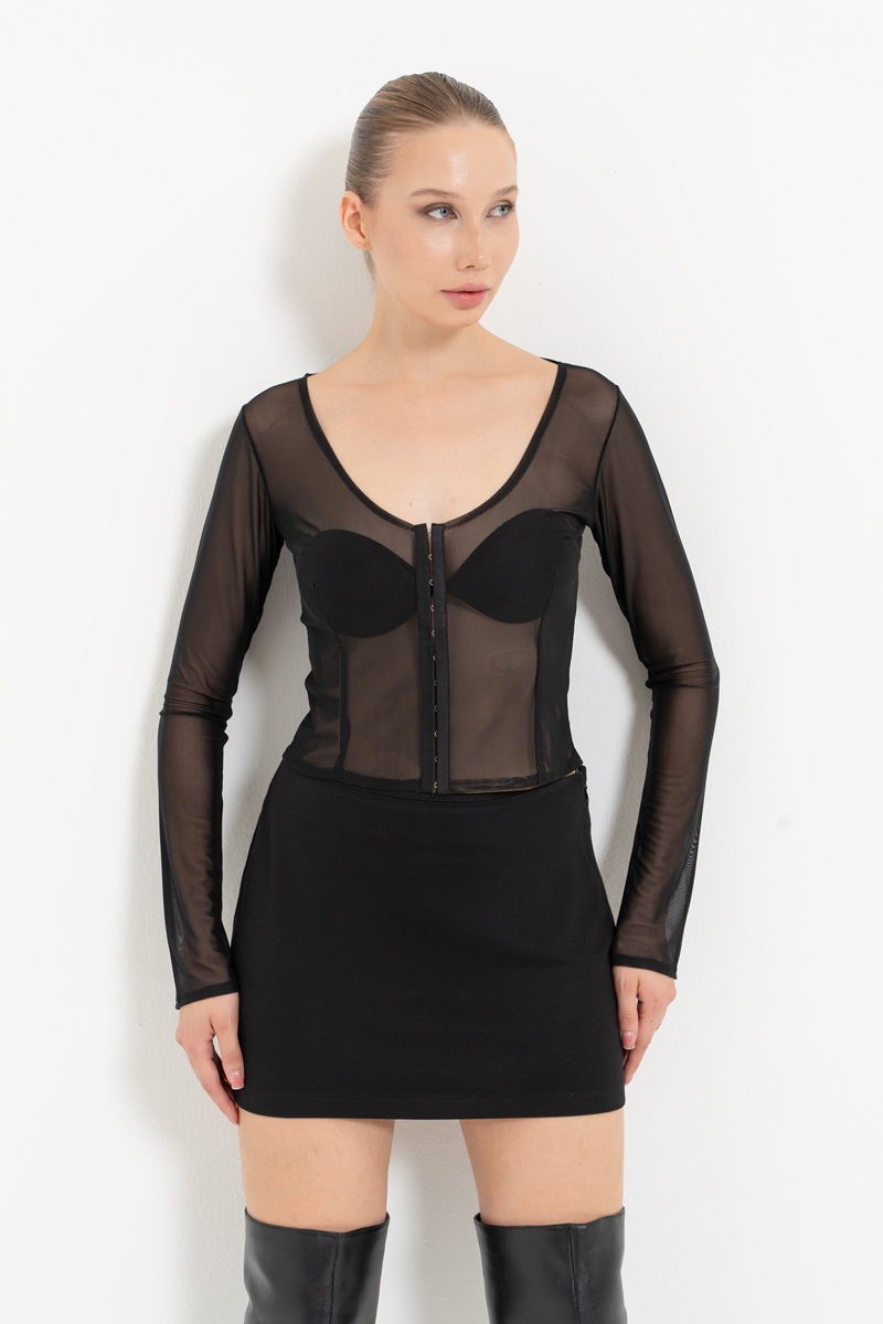 Sheer Black Hook-and-Eye Mesh Top