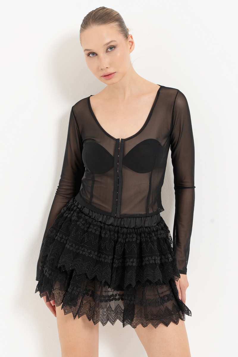 Sheer Black Hook-and-Eye Mesh Top