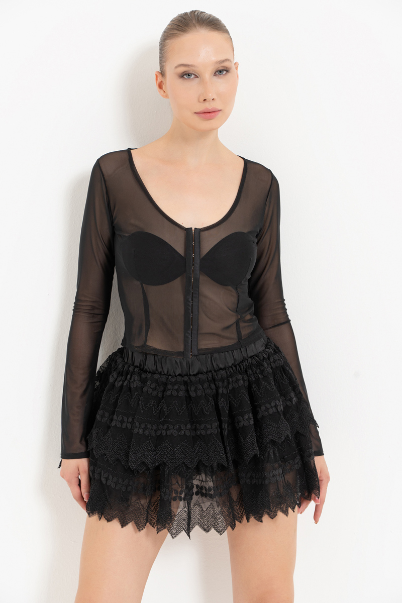 Sheer Black Hook-and-Eye Mesh Top