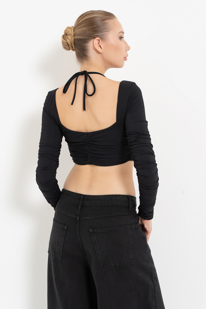 Black Long-Sleeve Strappy Mesh Crop Top