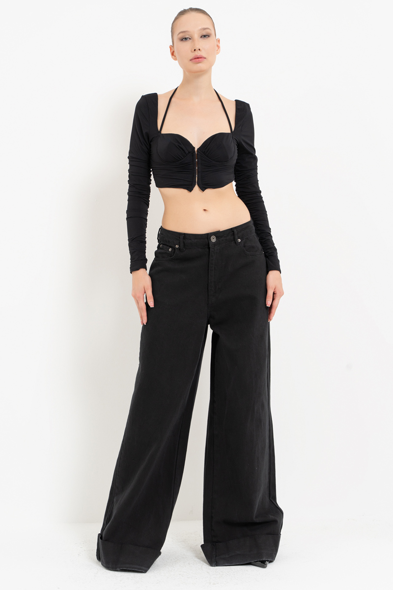 Black Long-Sleeve Strappy Mesh Crop Top