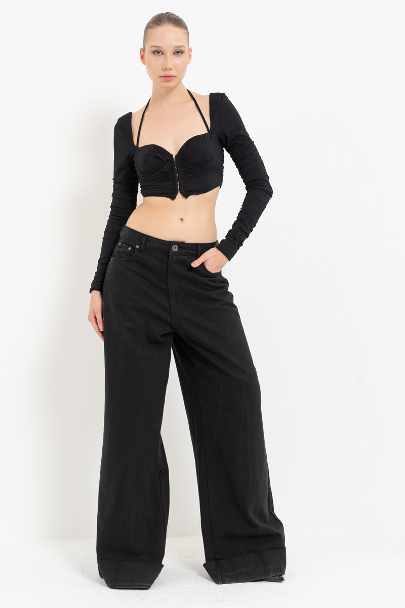 Black Long-Sleeve Strappy Mesh Crop Top