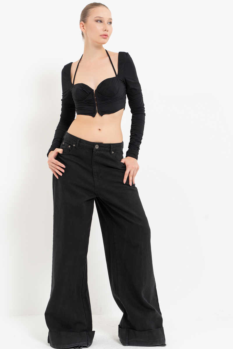 Black Long-Sleeve Strappy Mesh Crop Top