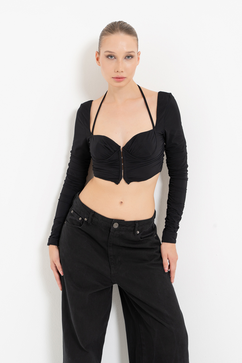 Black Long-Sleeve Strappy Mesh Crop Top